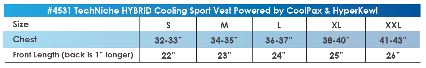 4531 Hybrid Vest Size Chart